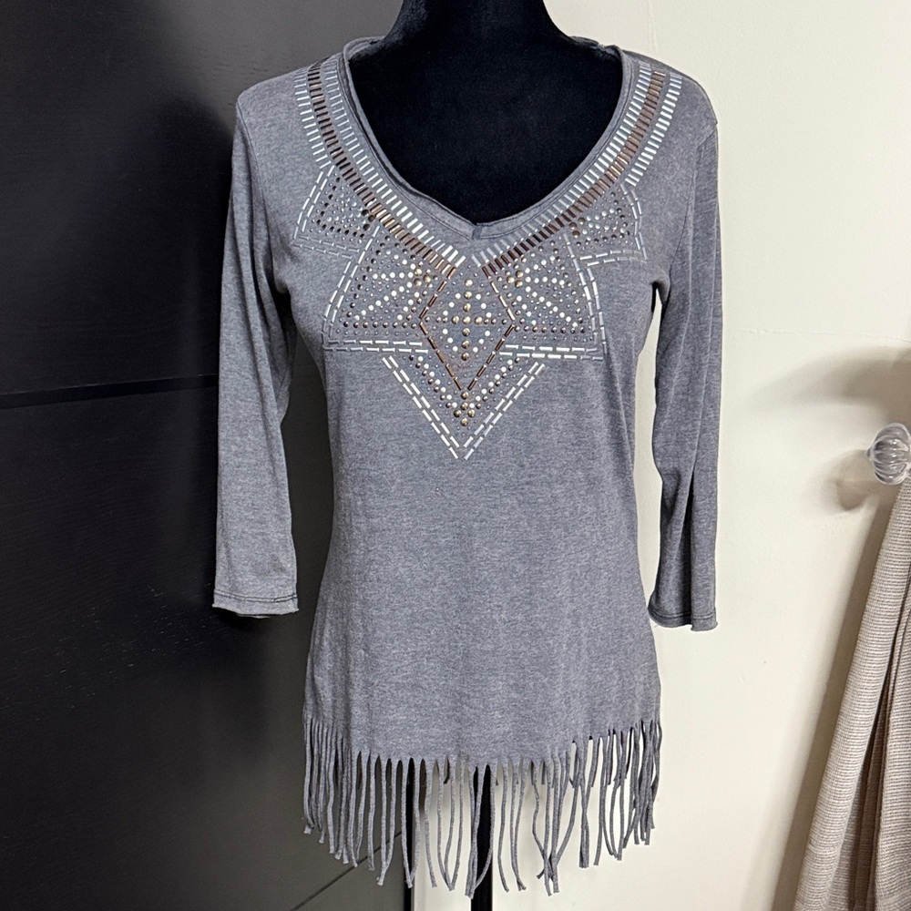 Rock & Roll Cowgirl 3/4 sleeve, tasselled and bedazzled tee (L)
